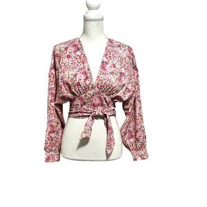 Entro -Size S. Floral Wrap Crop Top Pink Long Balloon Sleeve Open Back Tie Waist